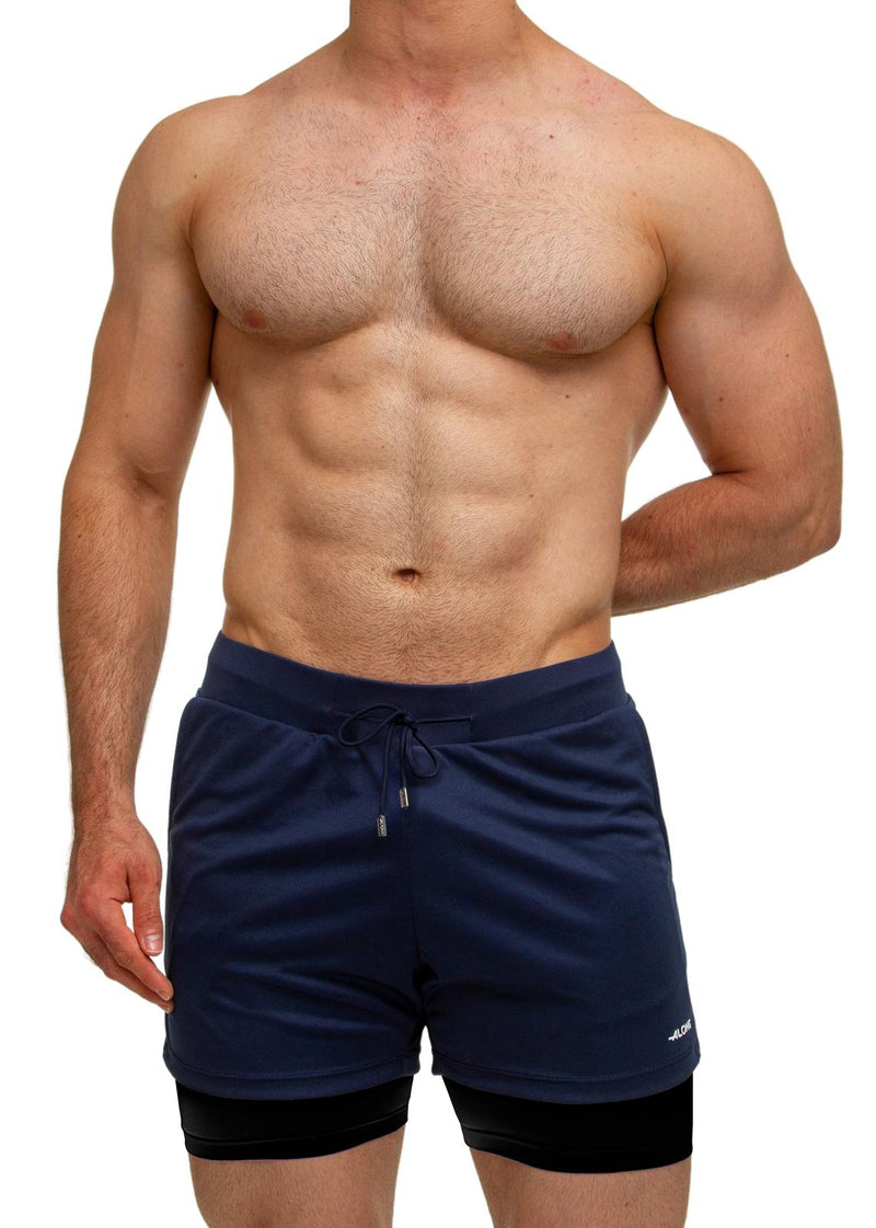 Navy Blue Workout Shorts with Compression Pants Men's Sportswear