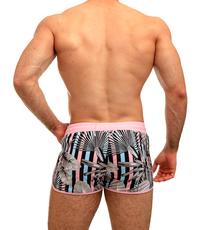 Grey Leaves Pink and Blue Lines Swimshort - Swimshorts